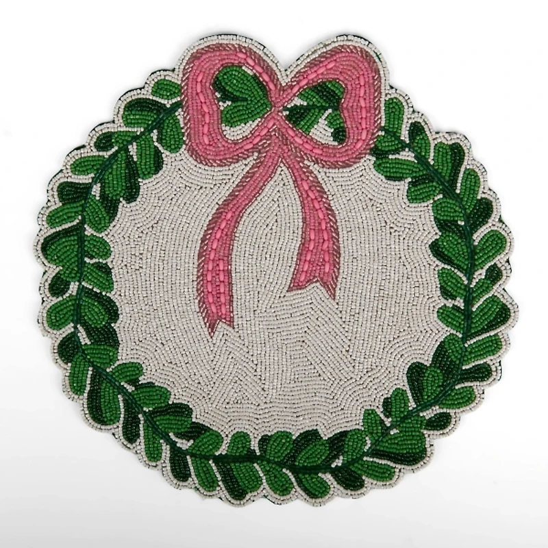 Christmas Wreath Pink Bow Beaded Placemat