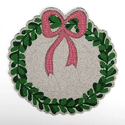Christmas Wreath Pink Bow Beaded Placemat
