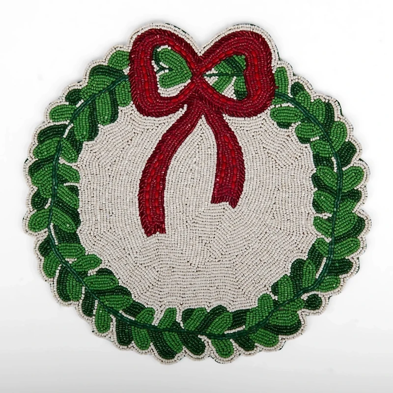 Christmas Wreath Red Bow Beaded Placemat