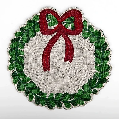 Christmas Wreath Red Bow Beaded Placemat