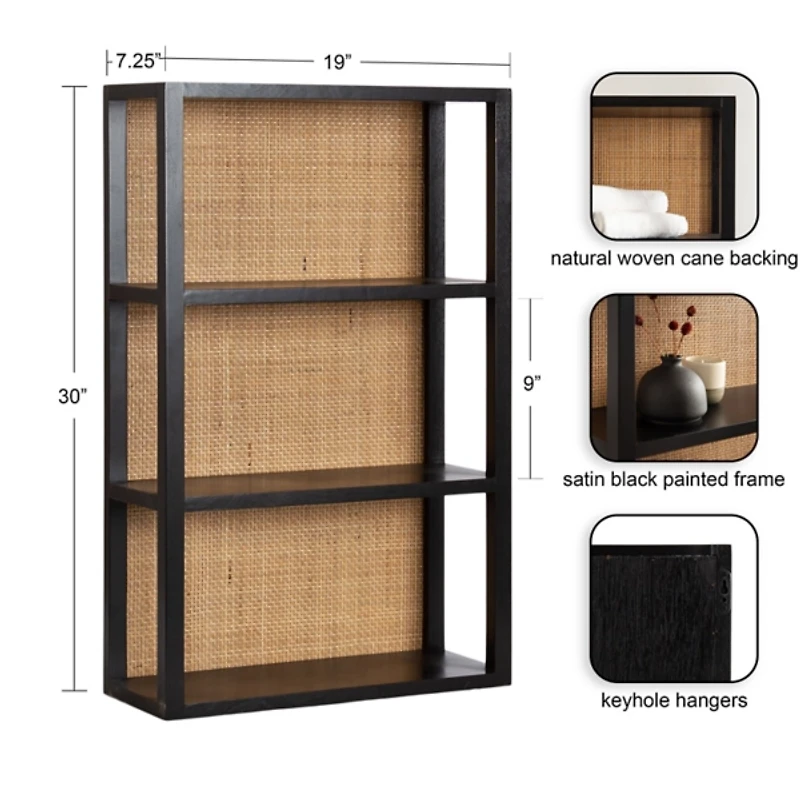 Natural Rattan & Black Wood Ori Wall Shelf