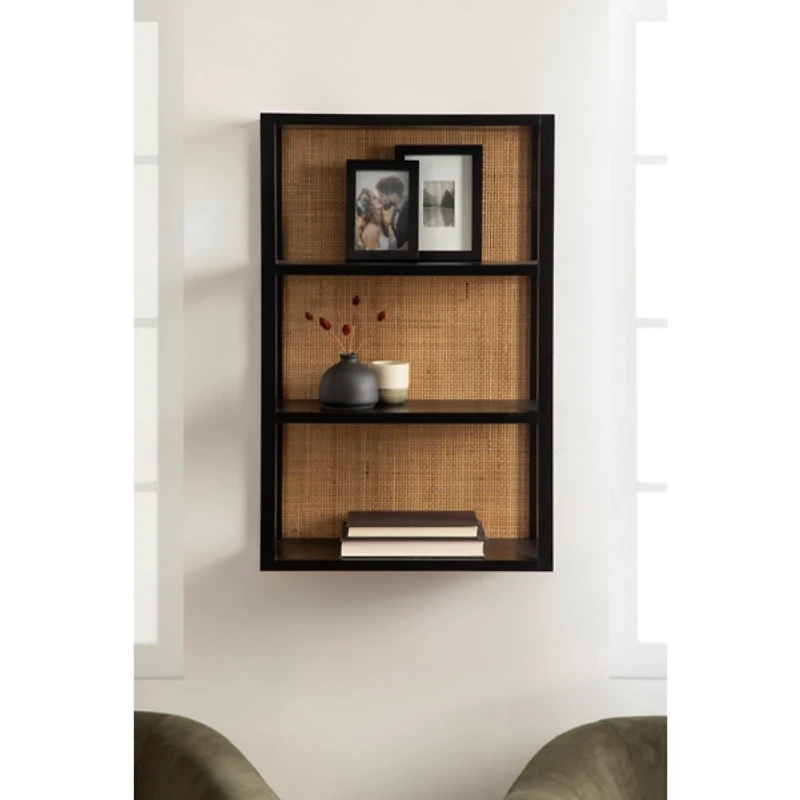 Natural Rattan & Black Wood Ori Wall Shelf