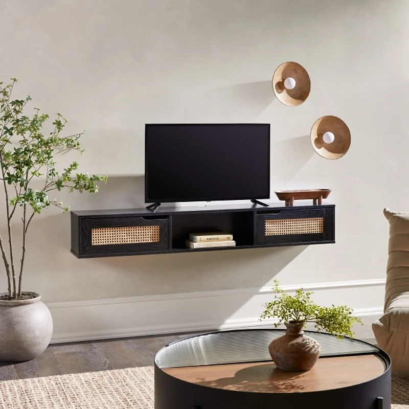 Black Modern Rattan Floating TV Stand