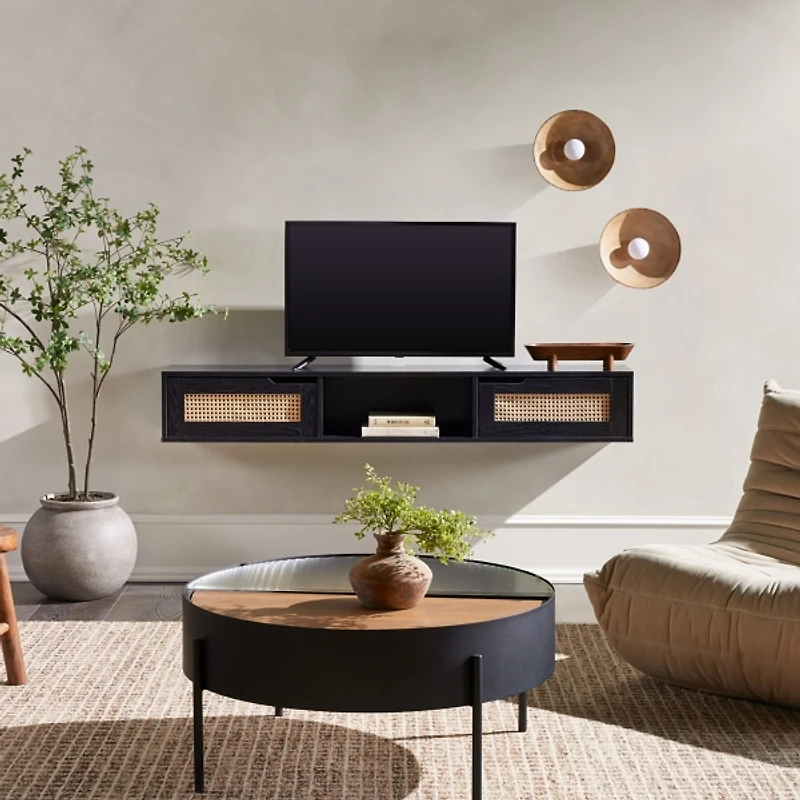 Black Modern Rattan Floating TV Stand
