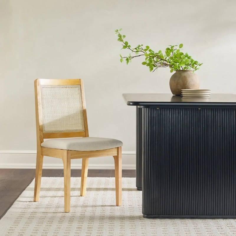 Natural Wood & Rattan Dining Chairs, Set of 2