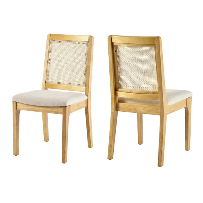 Natural Wood & Rattan Dining Chairs, Set of 2