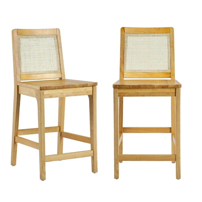 Natural Wood & Rattan Counter Stools, Set of 2