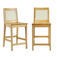 Natural Wood & Rattan Counter Stools, Set of 2