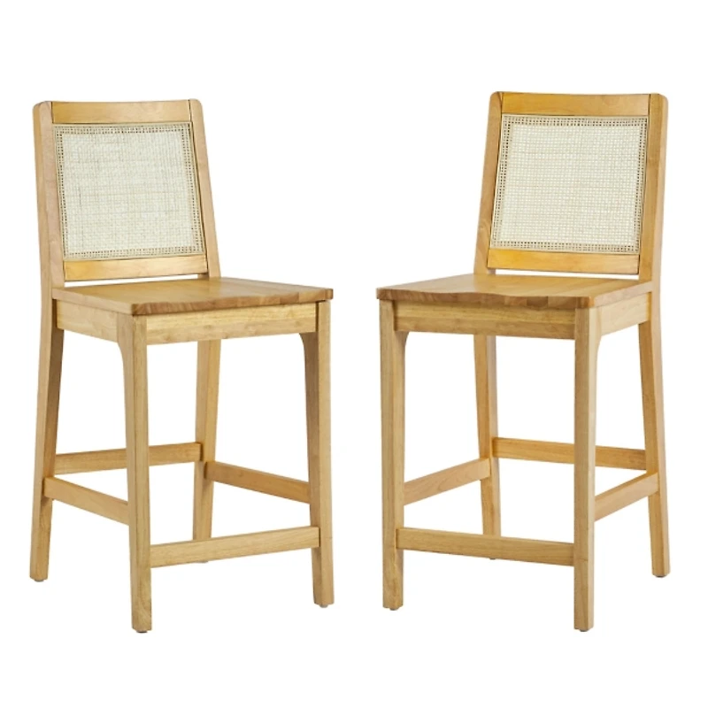Natural Wood & Rattan Counter Stools, Set of 2
