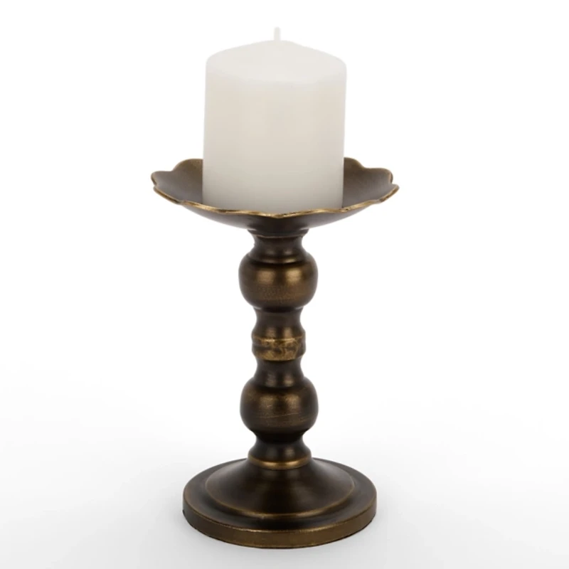 Dark Gold Metal Pillar Candle Holder, 7.75 in.