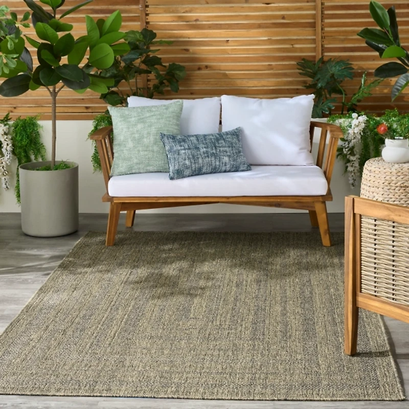 Olive Bordered Tulum Outdoor Rug, 5x7