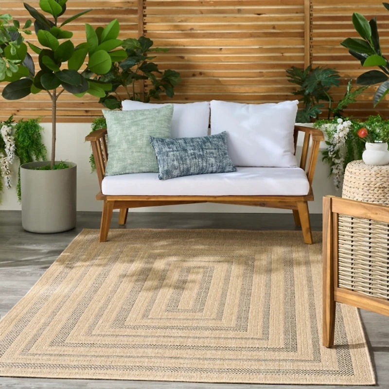 Neutral Bordered Tulum Outdoor Rug, 5x7