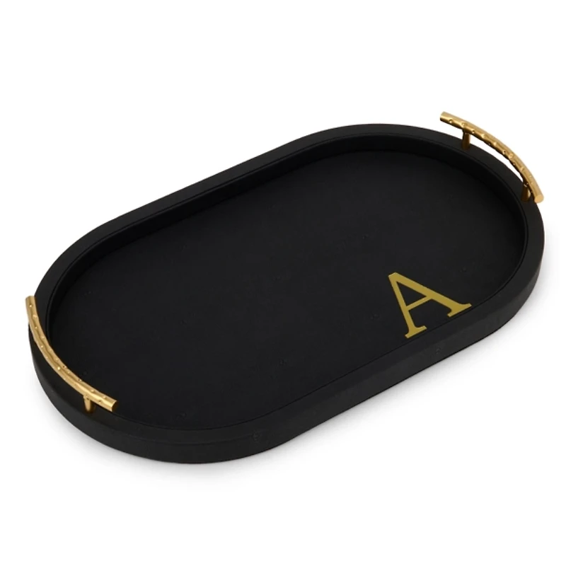 Black Faux Leather Monogram A Oval Tray