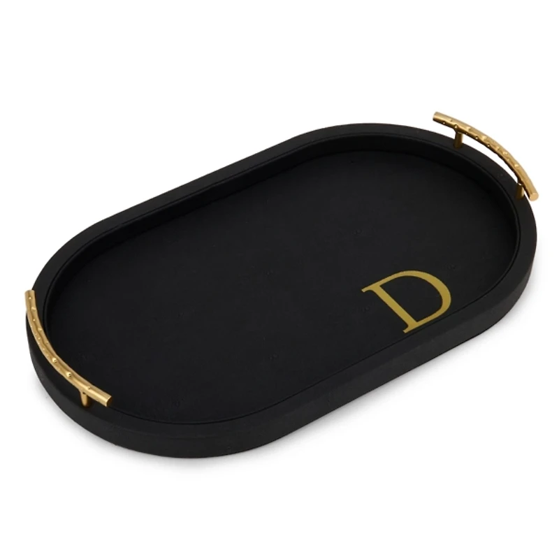 Black Faux Leather Monogram D Oval Tray