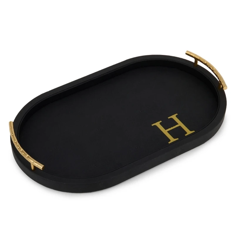 Black Faux Leather Monogram H Oval Tray