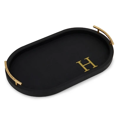 Black Faux Leather Monogram H Oval Tray