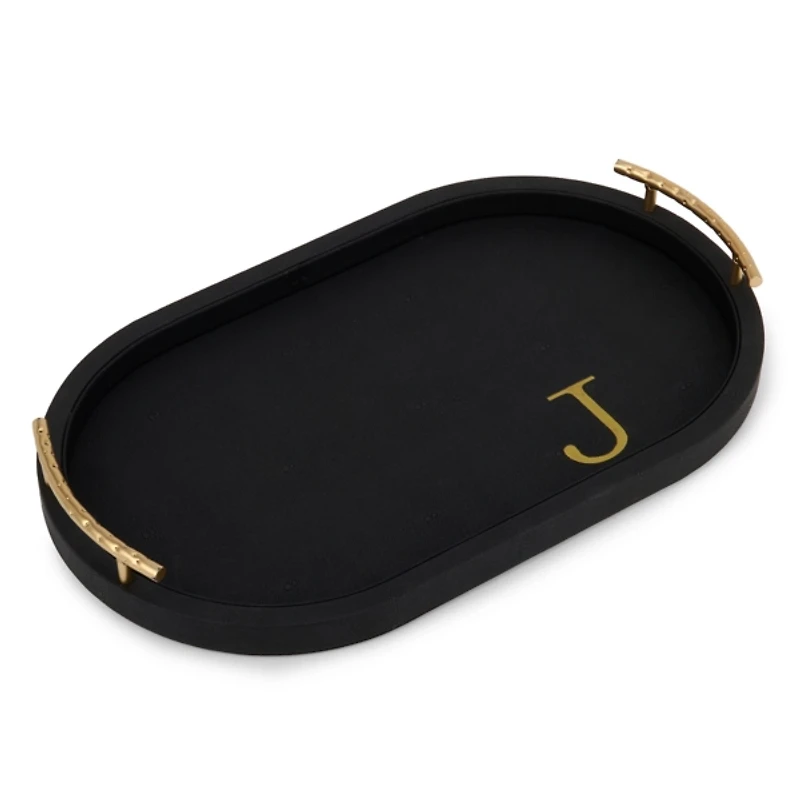 Black Faux Leather Monogram J Oval Tray