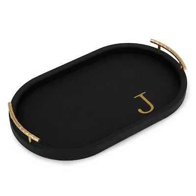 Black Faux Leather Monogram J Oval Tray