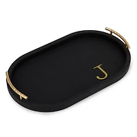 Black Faux Leather Monogram J Oval Tray