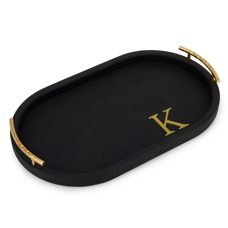 Black Faux Leather Monogram K Oval Tray