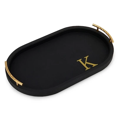 Black Faux Leather Monogram K Oval Tray