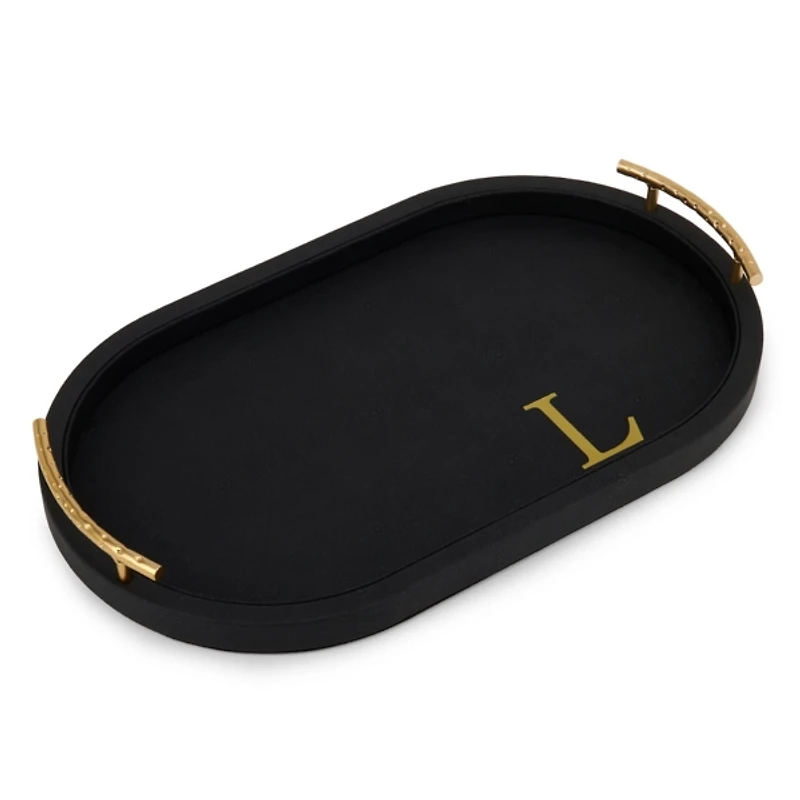 Black Faux Leather Monogram Oval Tray