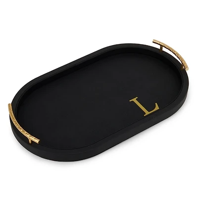 Black Faux Leather Monogram Oval Tray