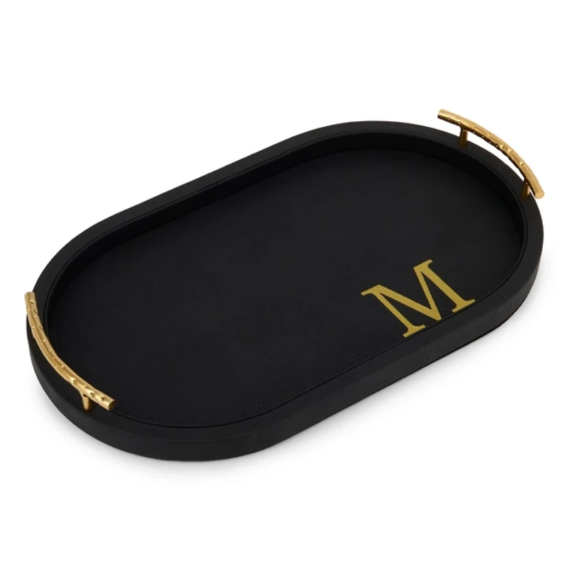 Black Faux Leather Monogram Oval Tray