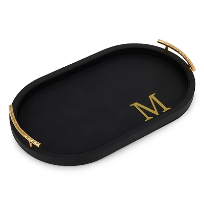Black Faux Leather Monogram Oval Tray