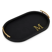 Black Faux Leather Monogram Oval Tray