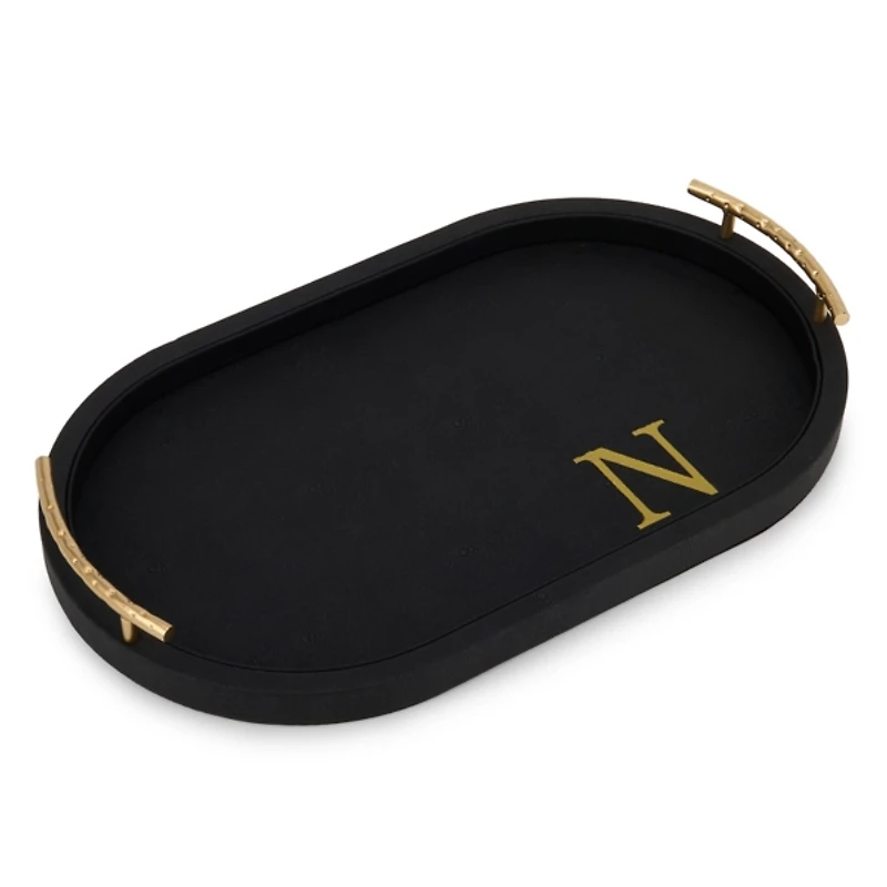 Black Faux Leather Monogram N Oval Tray