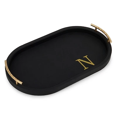 Black Faux Leather Monogram N Oval Tray