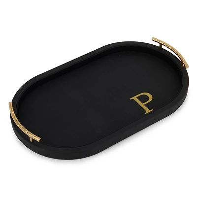 Black Faux Leather Monogram Oval Tray