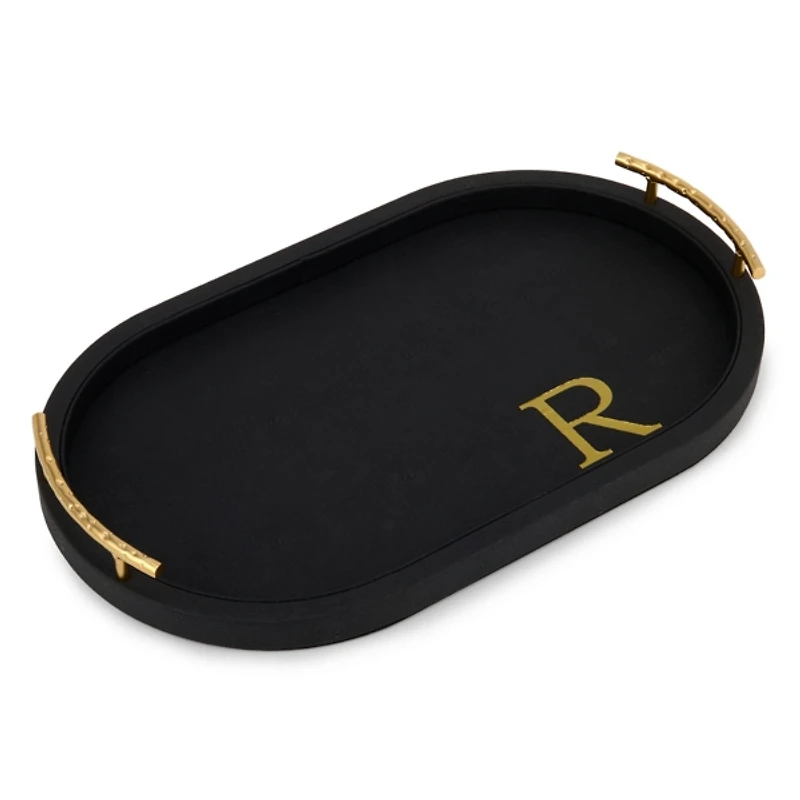 Black Faux Leather Monogram R Oval Tray