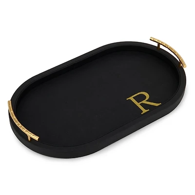 Black Faux Leather Monogram R Oval Tray
