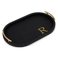 Black Faux Leather Monogram R Oval Tray