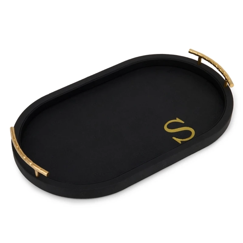 Black Faux Leather Monogram S Oval Tray