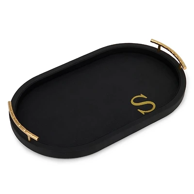 Black Faux Leather Monogram S Oval Tray