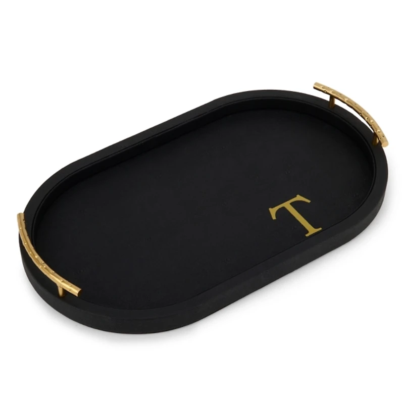 Black Faux Leather Monogram T Oval Tray