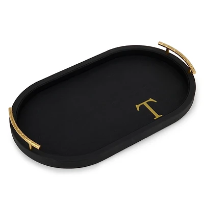 Black Faux Leather Monogram T Oval Tray