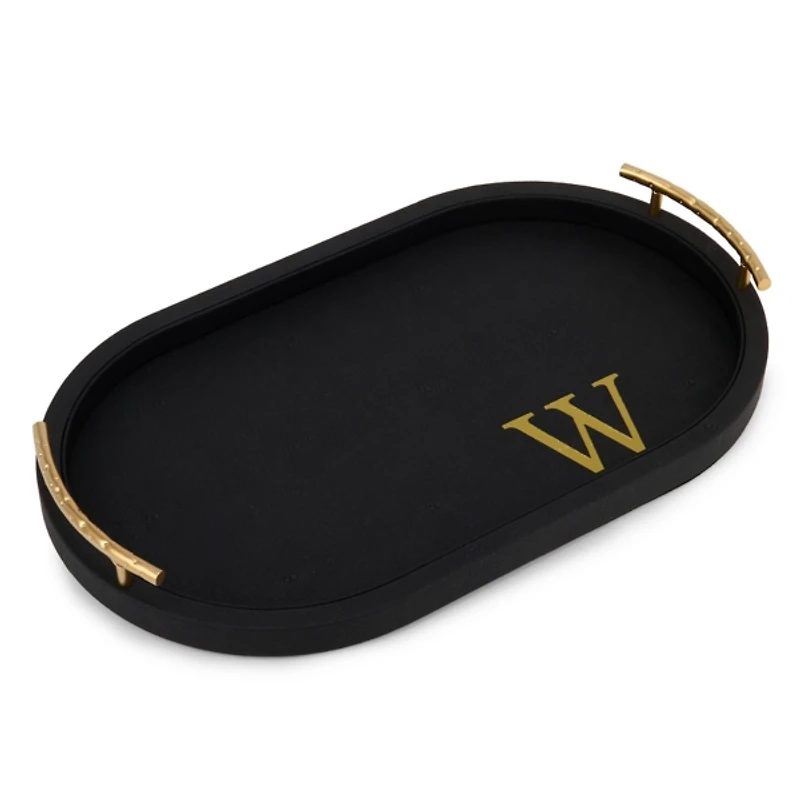 Black Faux Leather Monogram W Oval Tray