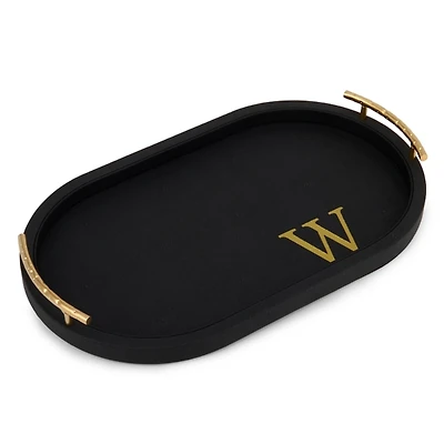 Black Faux Leather Monogram W Oval Tray