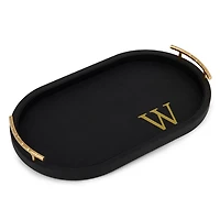 Black Faux Leather Monogram W Oval Tray