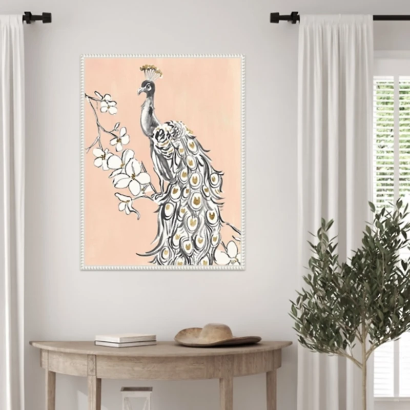 Beige Peacock II Framed Canvas Art Print