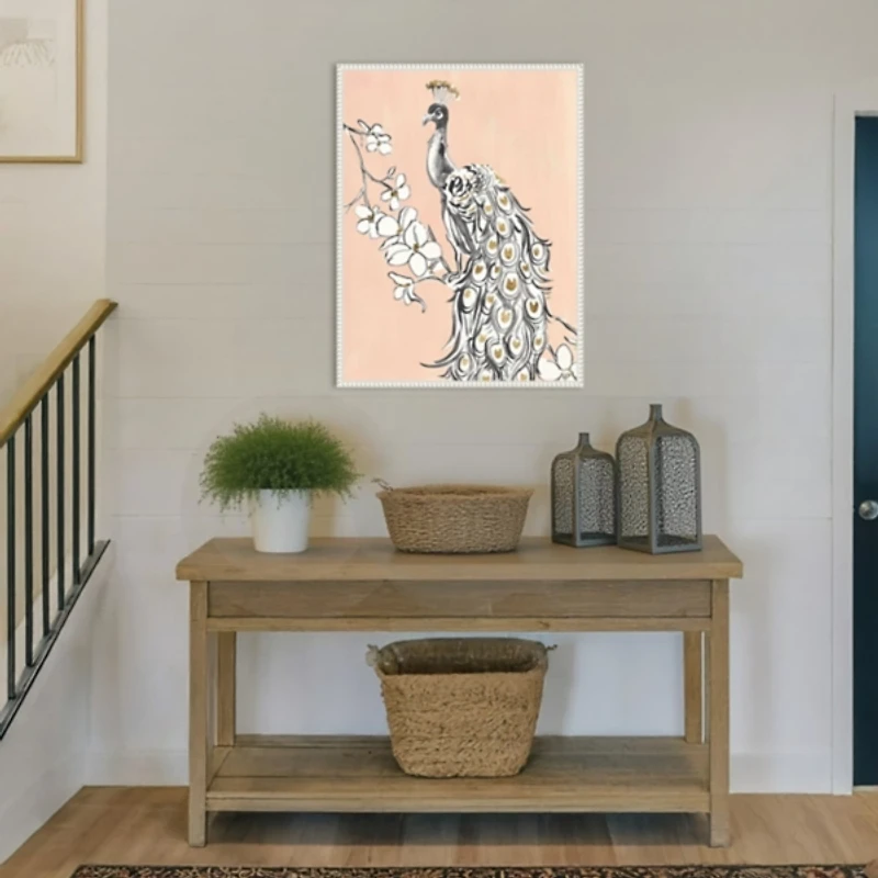 Beige Peacock II Framed Canvas Art Print