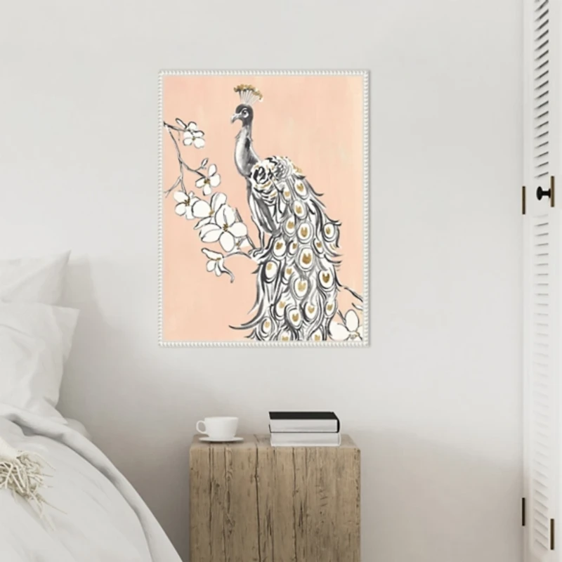 Beige Peacock II Framed Canvas Art Print