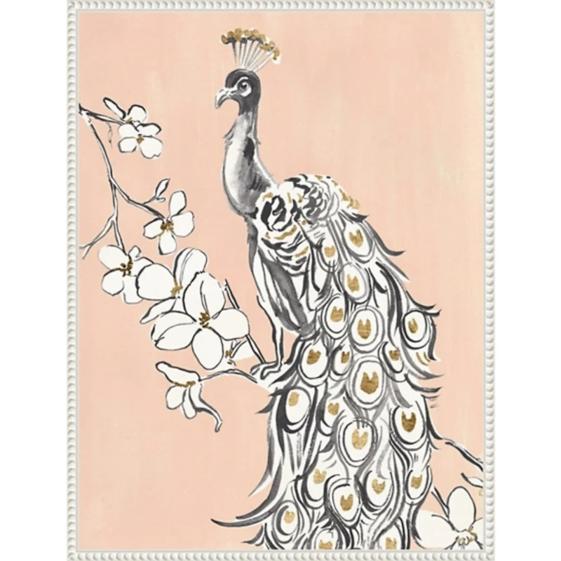 Beige Peacock II Framed Canvas Art Print