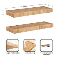 Natural Rattan Floating Wall Shelves, Set of 2