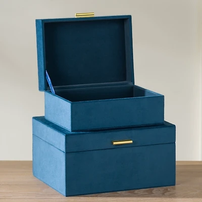 Blue Velvet Decorative Boxes, Set of 2