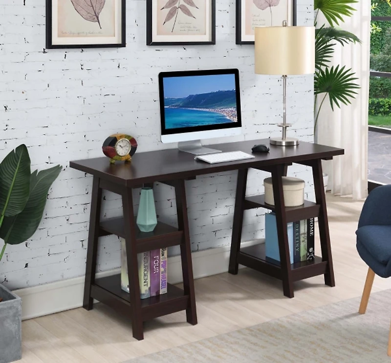 Mocha Brown Double Trestle Desk with Shelves